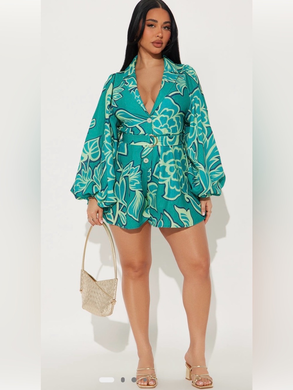 Fashion Nova NWT Green floral button down bell sleeves romper with cloth belt. P